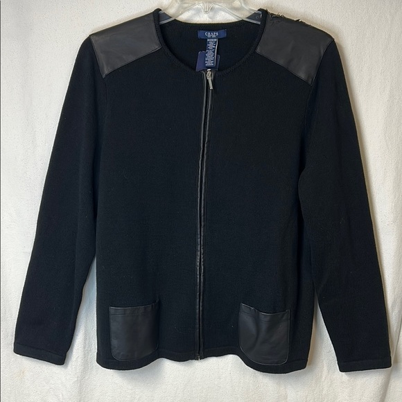 Chaps Women's Sweater Jacket with Leather  Like Accents Size 2X Black Zip Up NWT - Picture 1 of 10